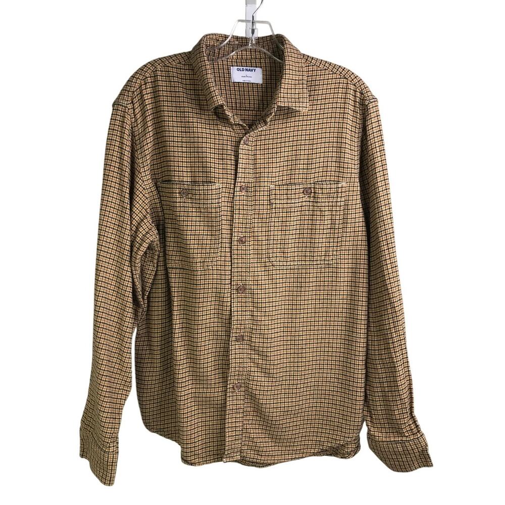 Old Navy Casual Button Down Shirt Womens Size Large Tan Black Houndstooth grunge